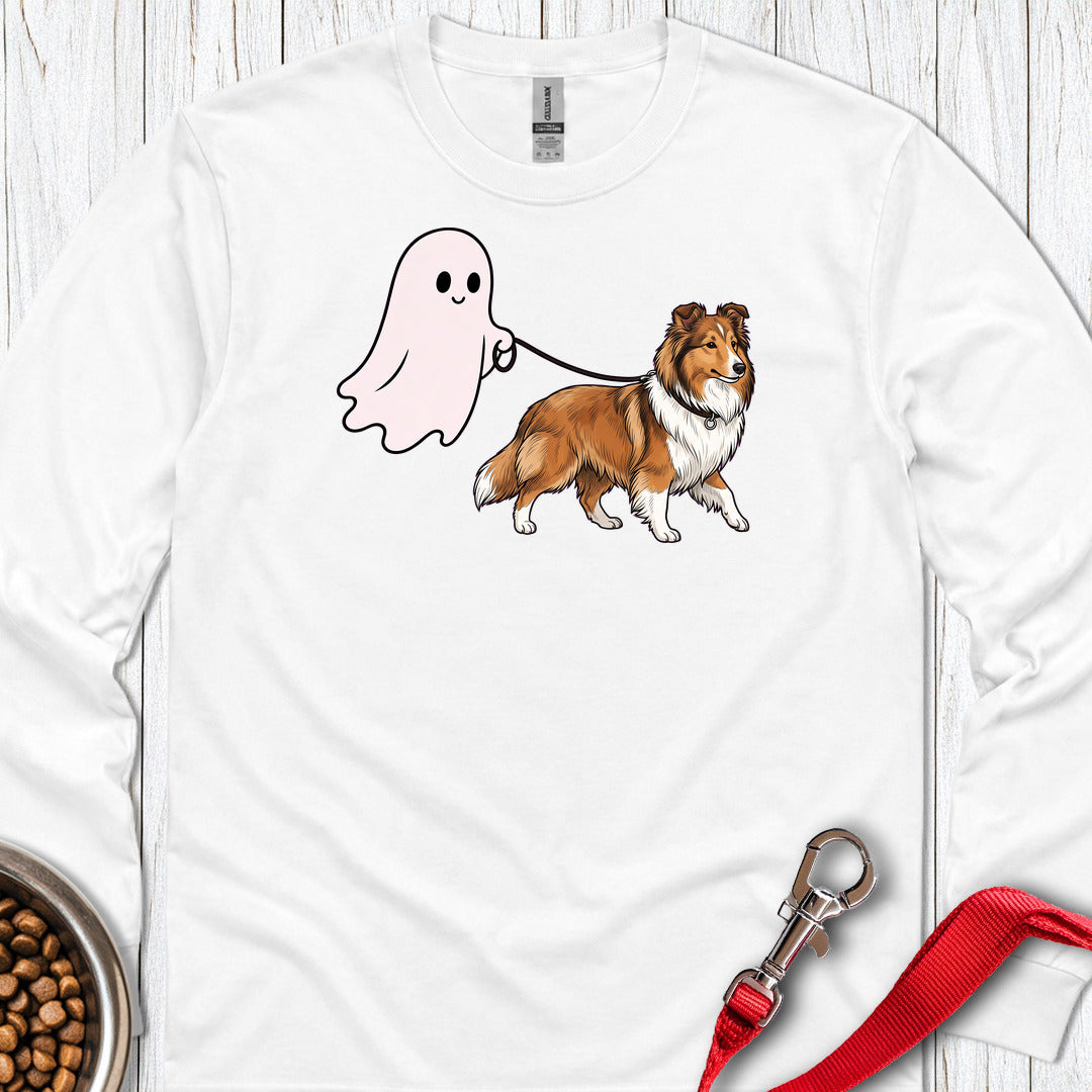 Shetland Sheepdog Ghost Walk Long Sleeve — White