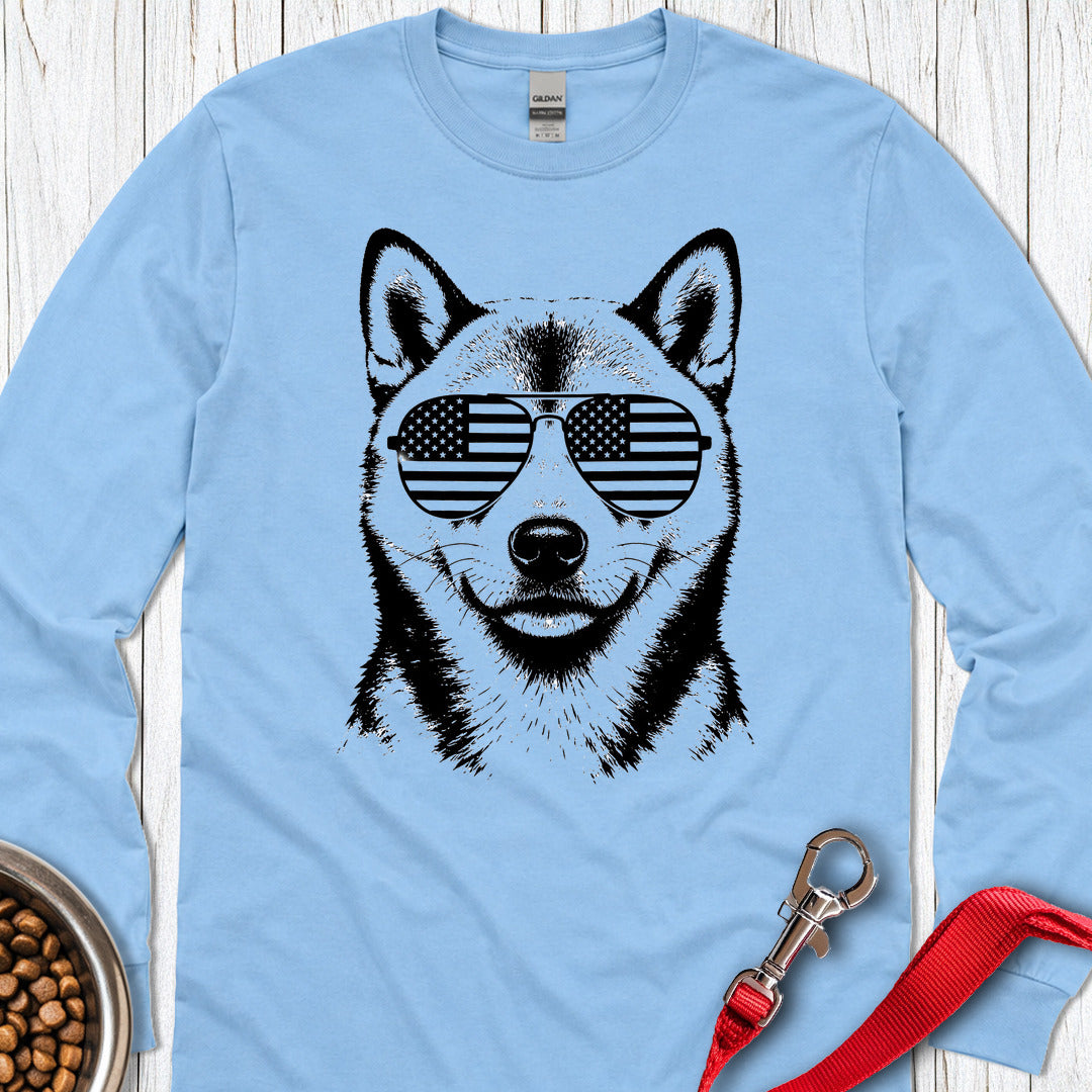 Shiba Inu Flag Shades Long Sleeve — Carolina Blue