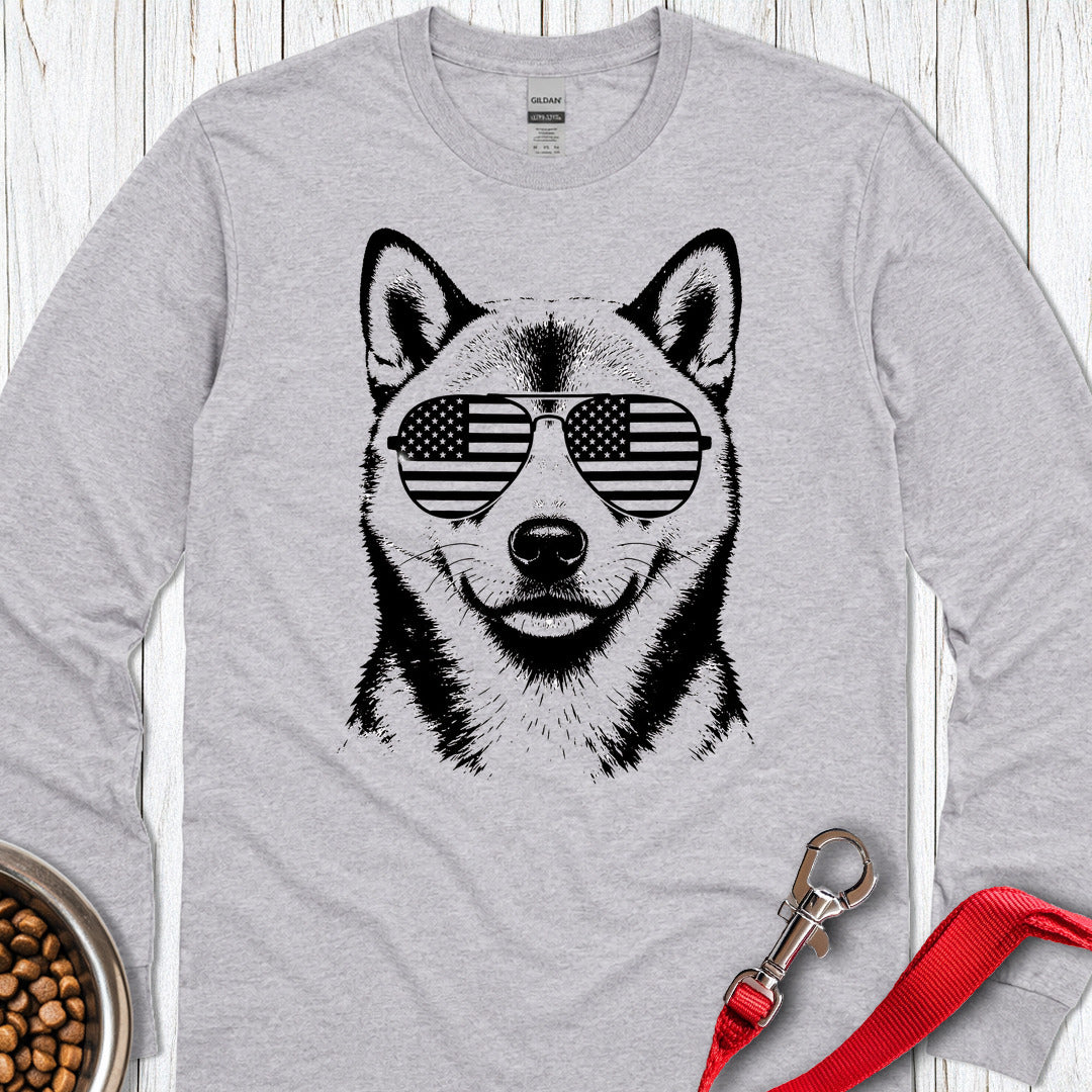 Shiba Inu Flag Shades Long Sleeve — Sport Grey