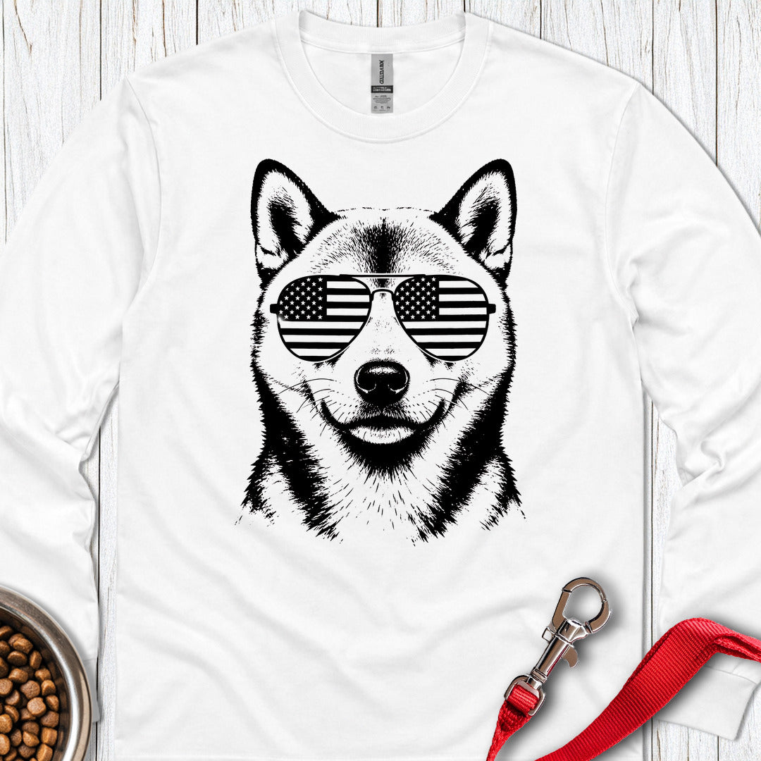 Shiba Inu Flag Shades Long Sleeve — White