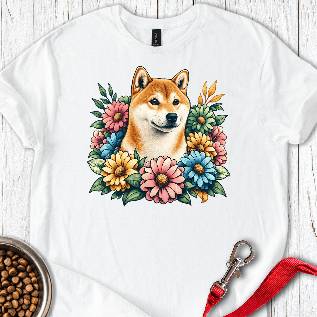 Shiba Inu Flower Wreath — White