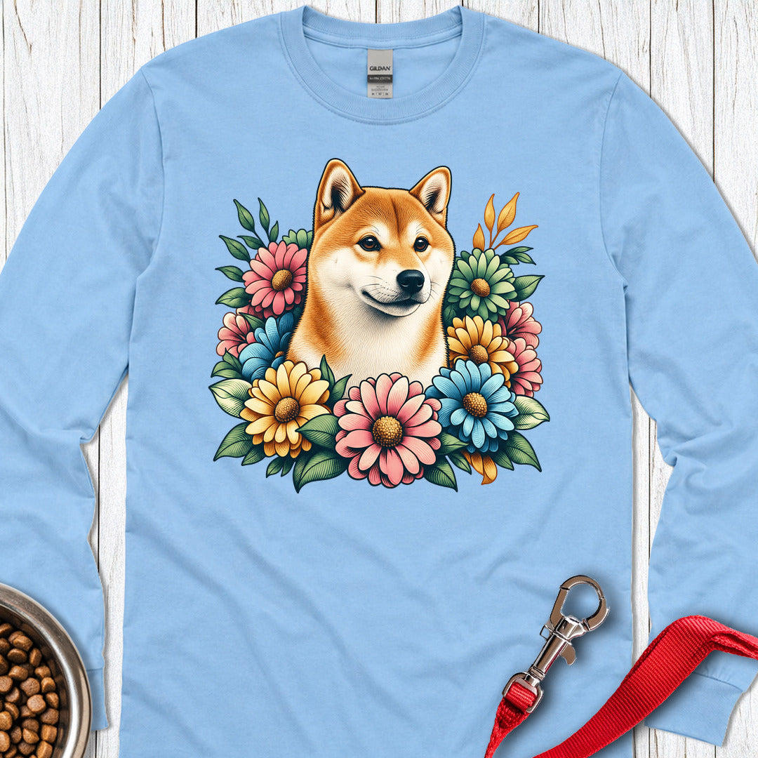 Shiba Inu Flower Wreath Long Sleeve — Carolina Blue