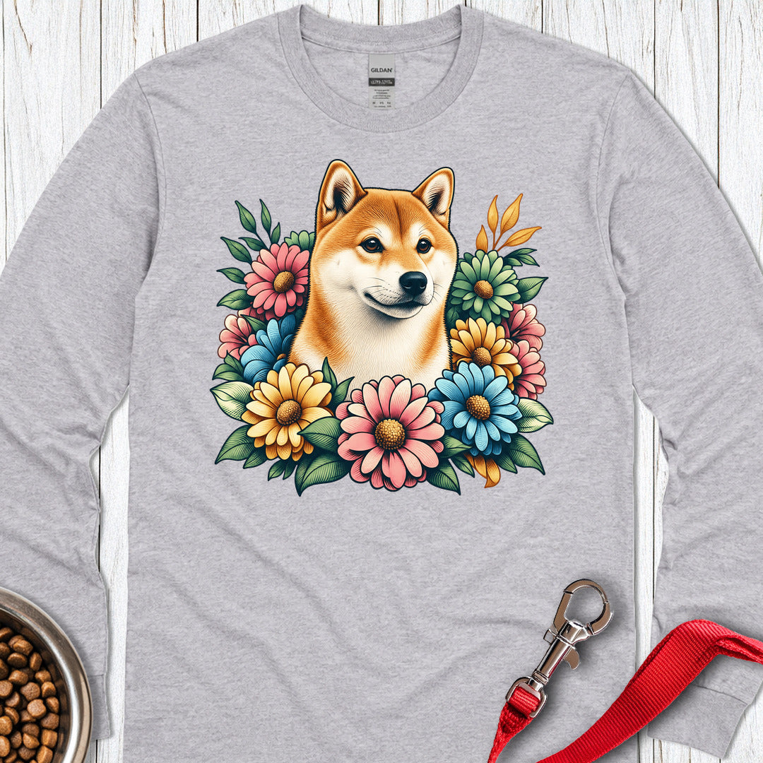 Shiba Inu Flower Wreath Long Sleeve — Sport Grey