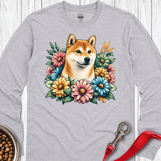Shiba Inu Flower Wreath Long Sleeve — Sport Grey