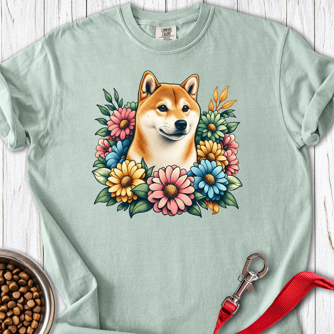 Shiba Inu Flower Wreath Premium Tee — Bay