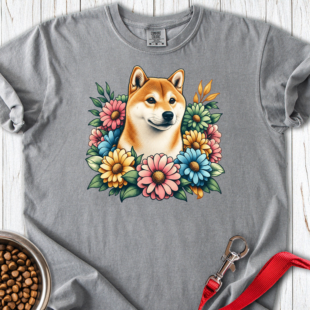 Shiba Inu Flower Wreath Premium Tee — Grey