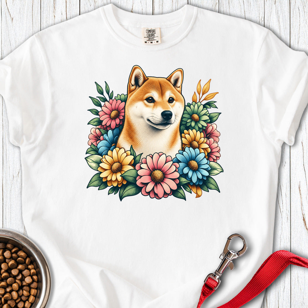 Shiba Inu Flower Wreath Premium Tee — White