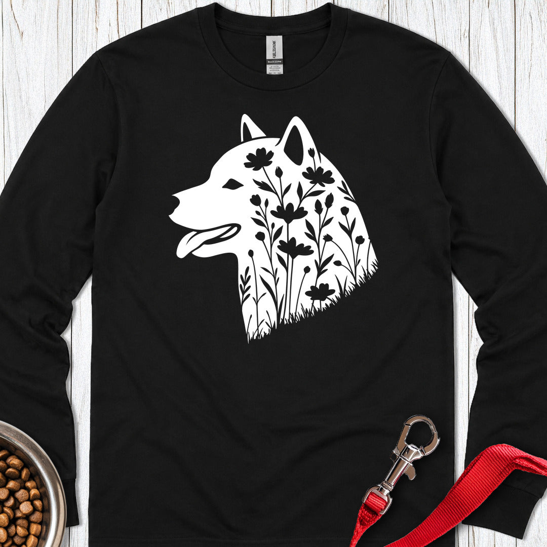 Shiba Inu Flowers Long Sleeve — Black