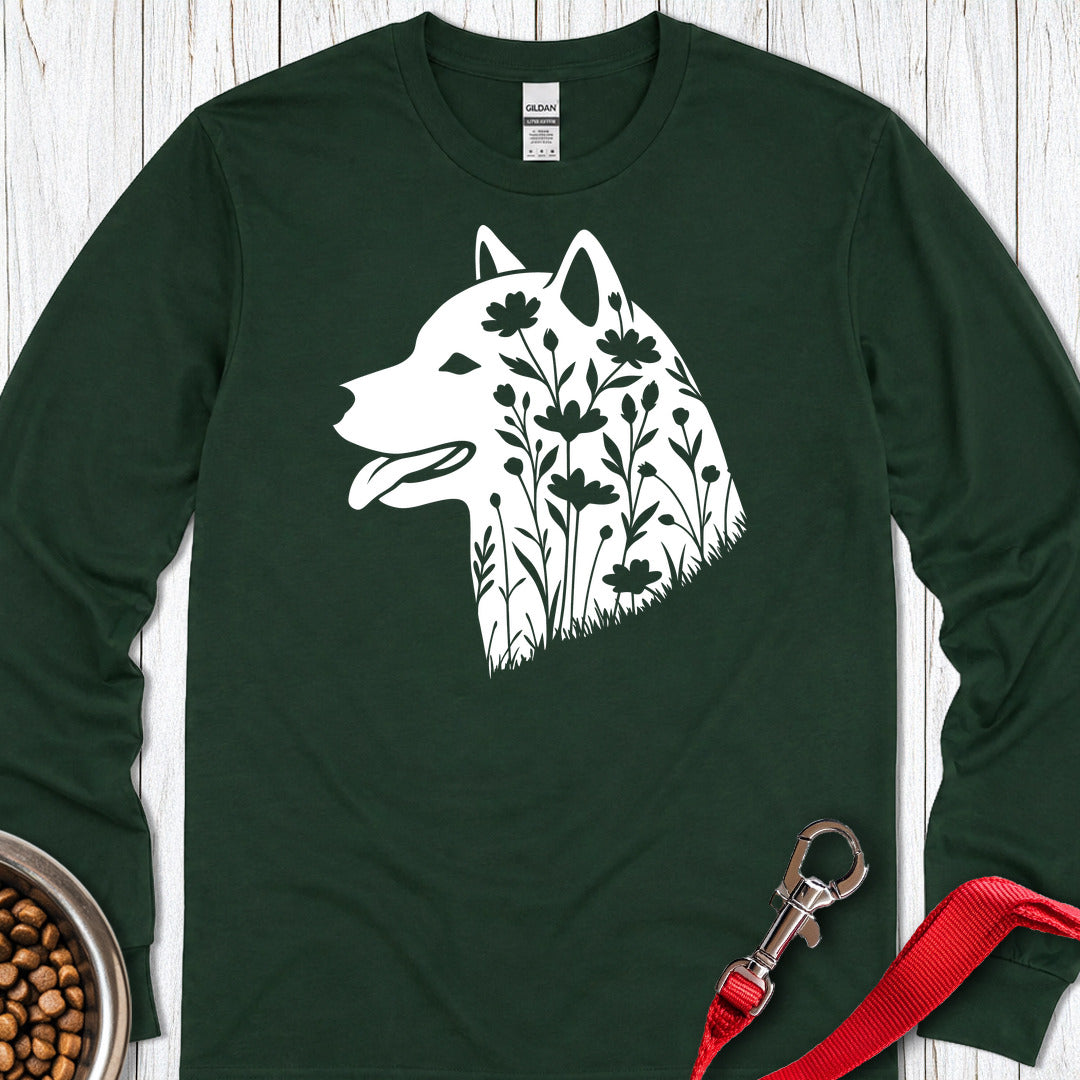 Shiba Inu Flowers Long Sleeve — Forest Green