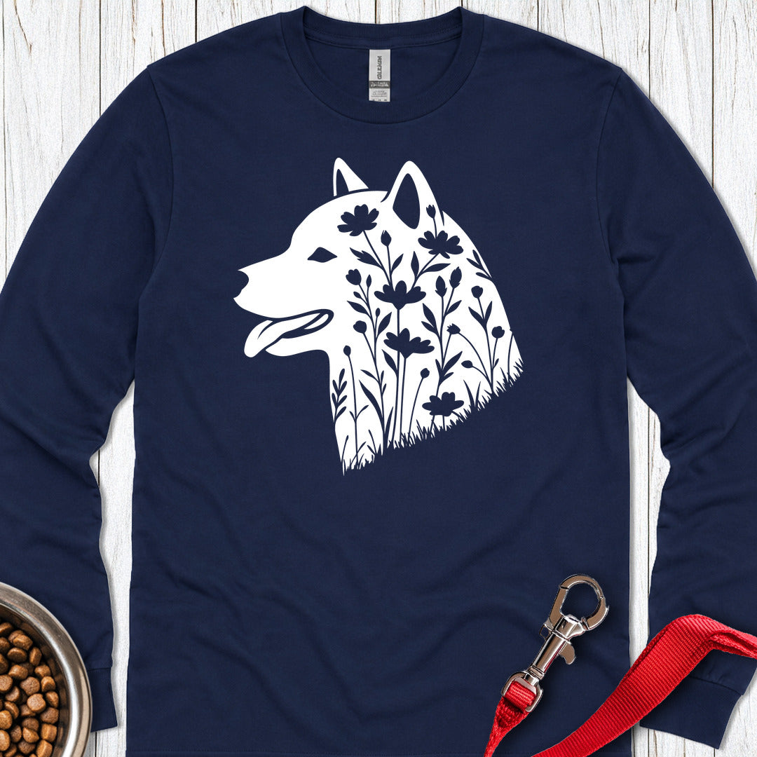 Shiba Inu Flowers Long Sleeve — Navy
