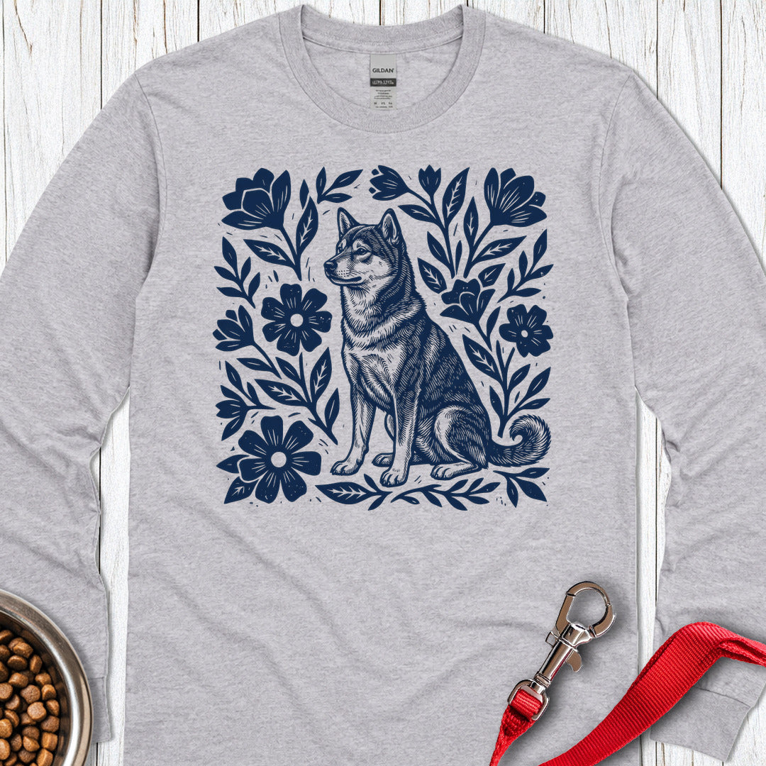 Shiba Inu Linocut Long Sleeve — Sport Grey