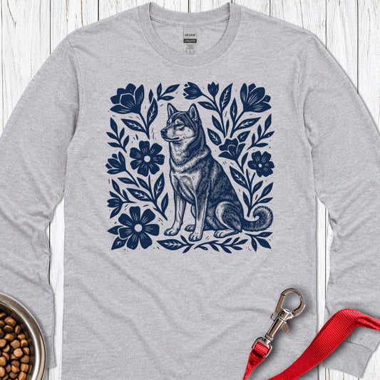 Shiba Inu Linocut Long Sleeve — Sport Grey
