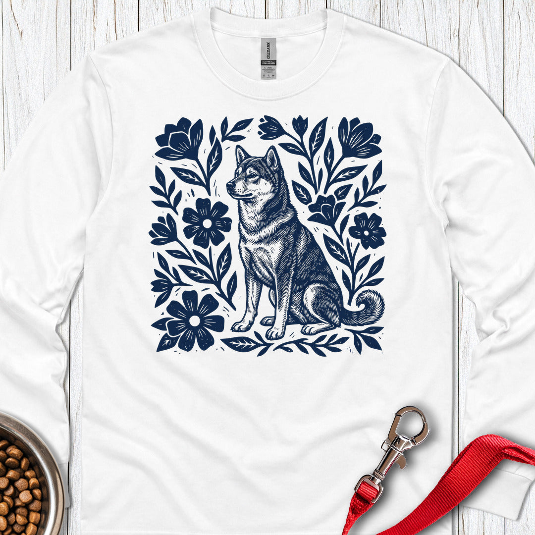 Shiba Inu Linocut Long Sleeve — White