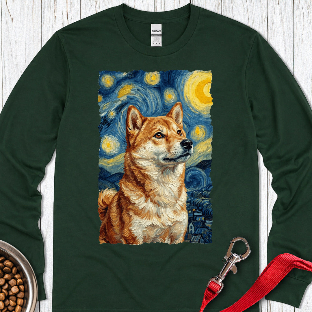 Shiba Inu Van Gogh Long Sleeve — Forest Green