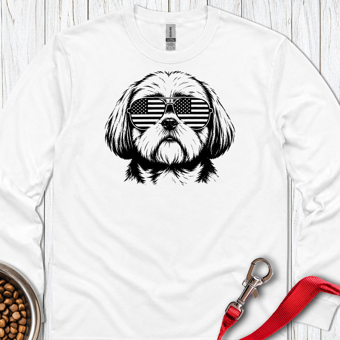 Shih Tzu Flag Shades Long Sleeve — White