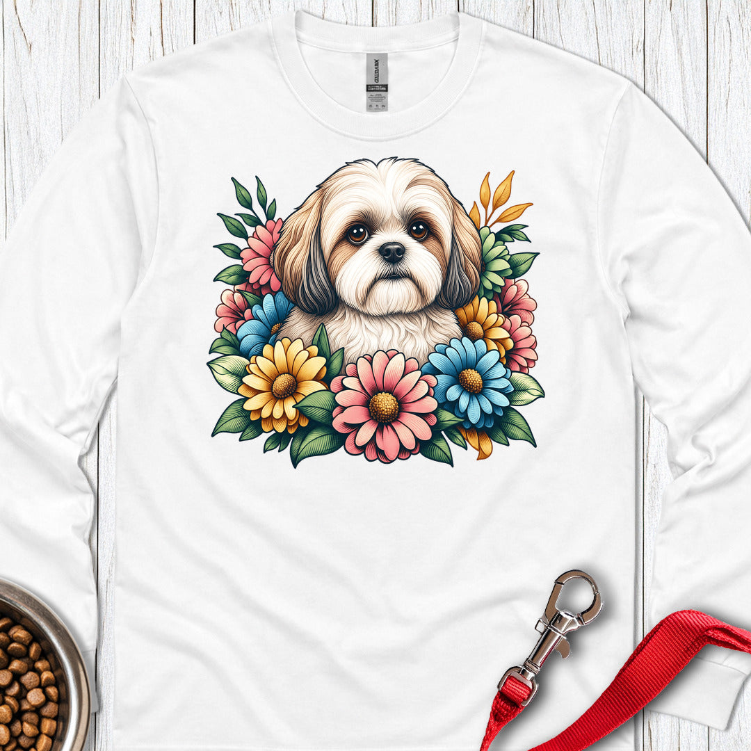 Shih Tzu Flower Wreath Long Sleeve — White