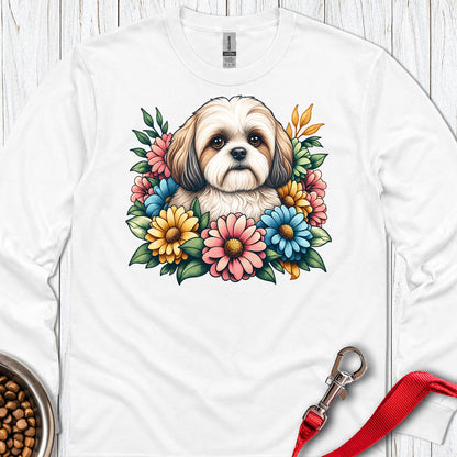 Shih Tzu Flower Wreath Long Sleeve — White
