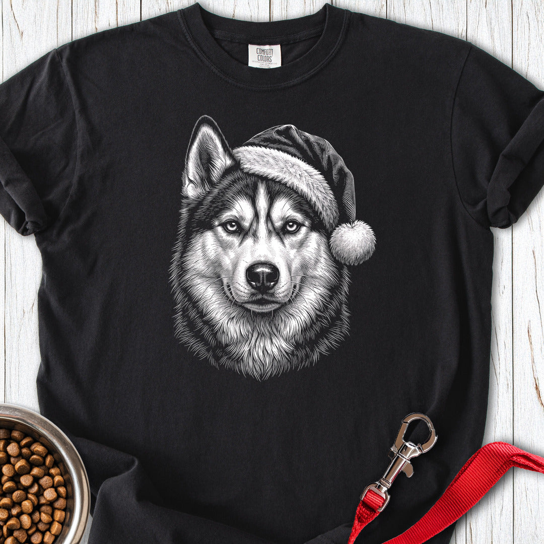 Siberian Husky Christmas Santa Hat Premium Tee Black
