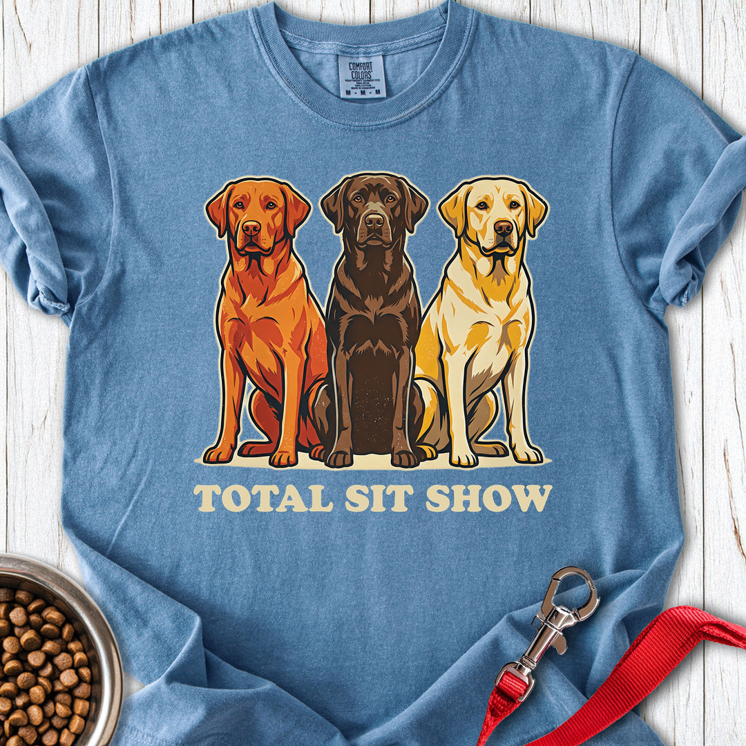 Total Sit Show Red, Chocolate & Yellow Labrador Premium Tee Blue Jean