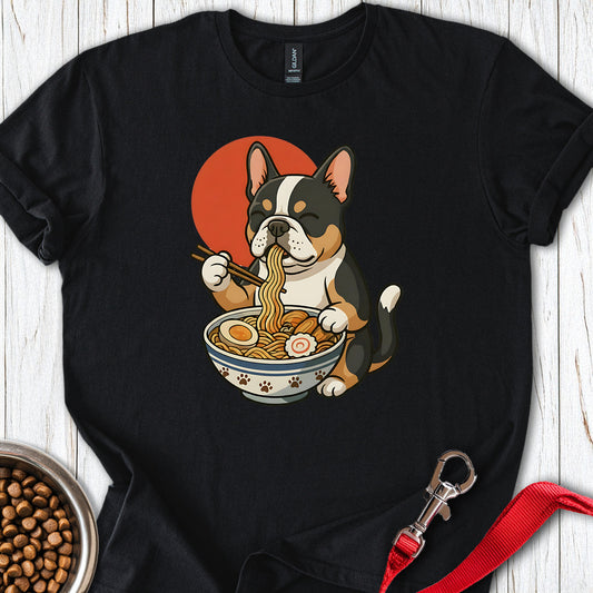 Tri Color Frenchie Eating Ramen Black
