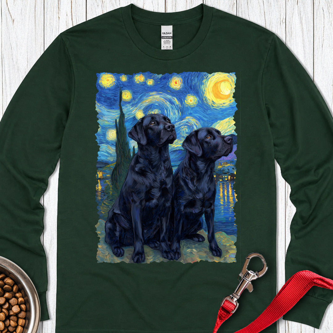 Two Black Labs Van Gogh Long Sleeve — Forest Green