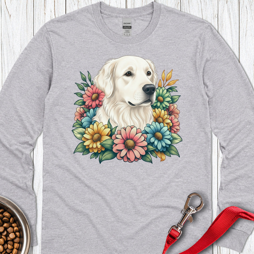 White Golden Retriever Flower Long Sleeve — Sport Grey