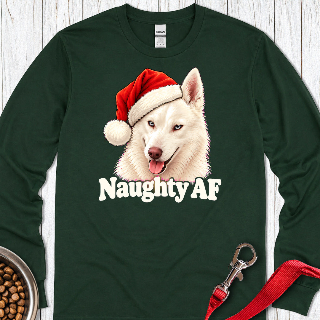 White Husky Naughty Christmas Long Sleeve — Forest Green