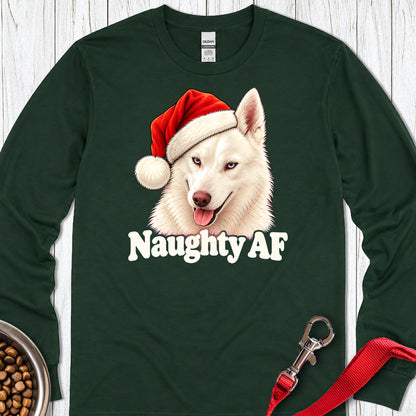 White Husky Naughty Christmas Long Sleeve — Forest Green