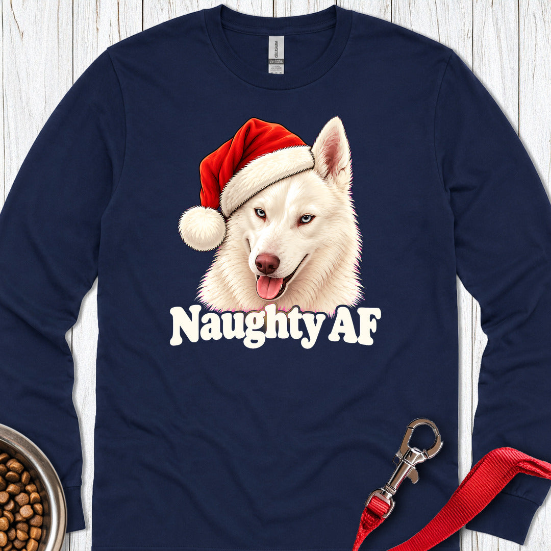White Husky Naughty Christmas Long Sleeve — Navy