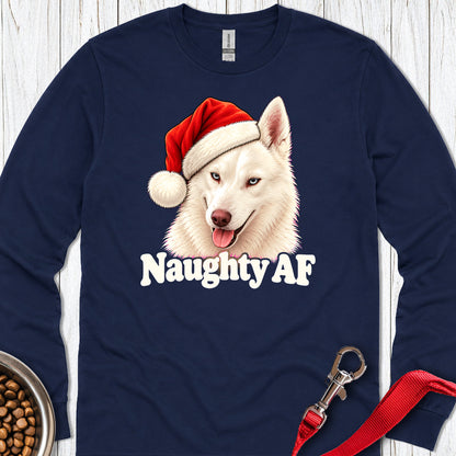 White Husky Naughty Christmas Long Sleeve — Navy