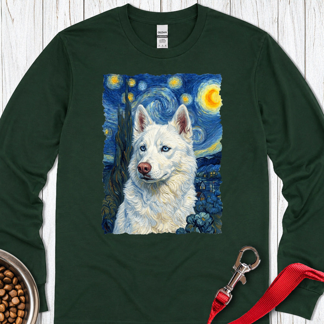White Husky Van Gogh Long Sleeve — Forest Green