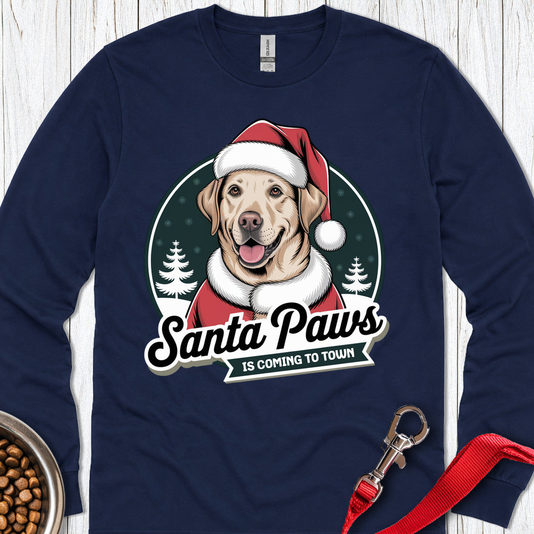 Yellow Lab Santa Paws Is Coming To Town Long Sleeve — Navy