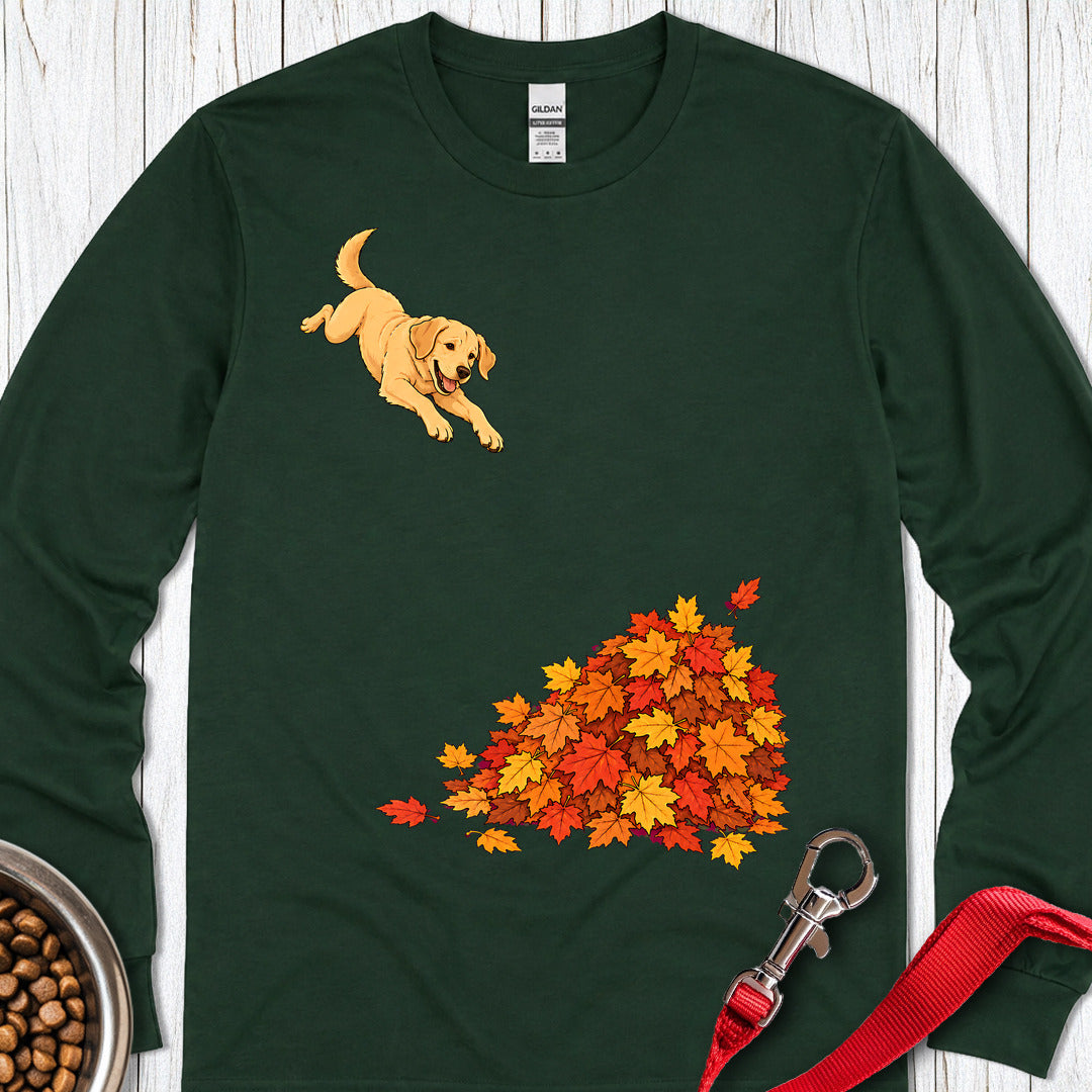 Yellow Labrador Leaf Pile 2 Long Sleeve Forest Green