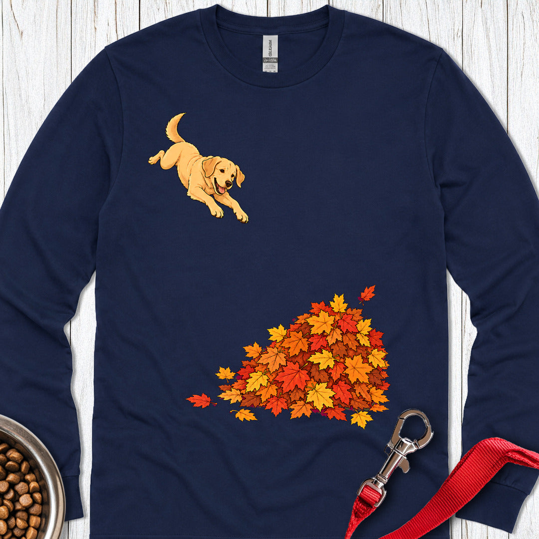 Yellow Labrador Leaf Pile 2 Long Sleeve Navy