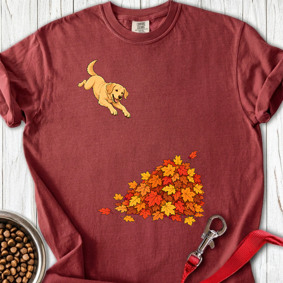 Yellow Labrador Leaf Pile 2 Premium Tee — Brick