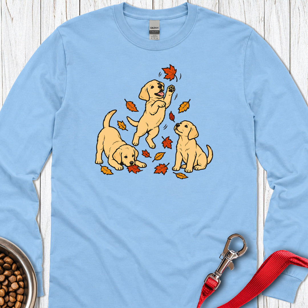 Yellow Labrador Puppies Fall Leaves Long Sleeve Carolina Blue