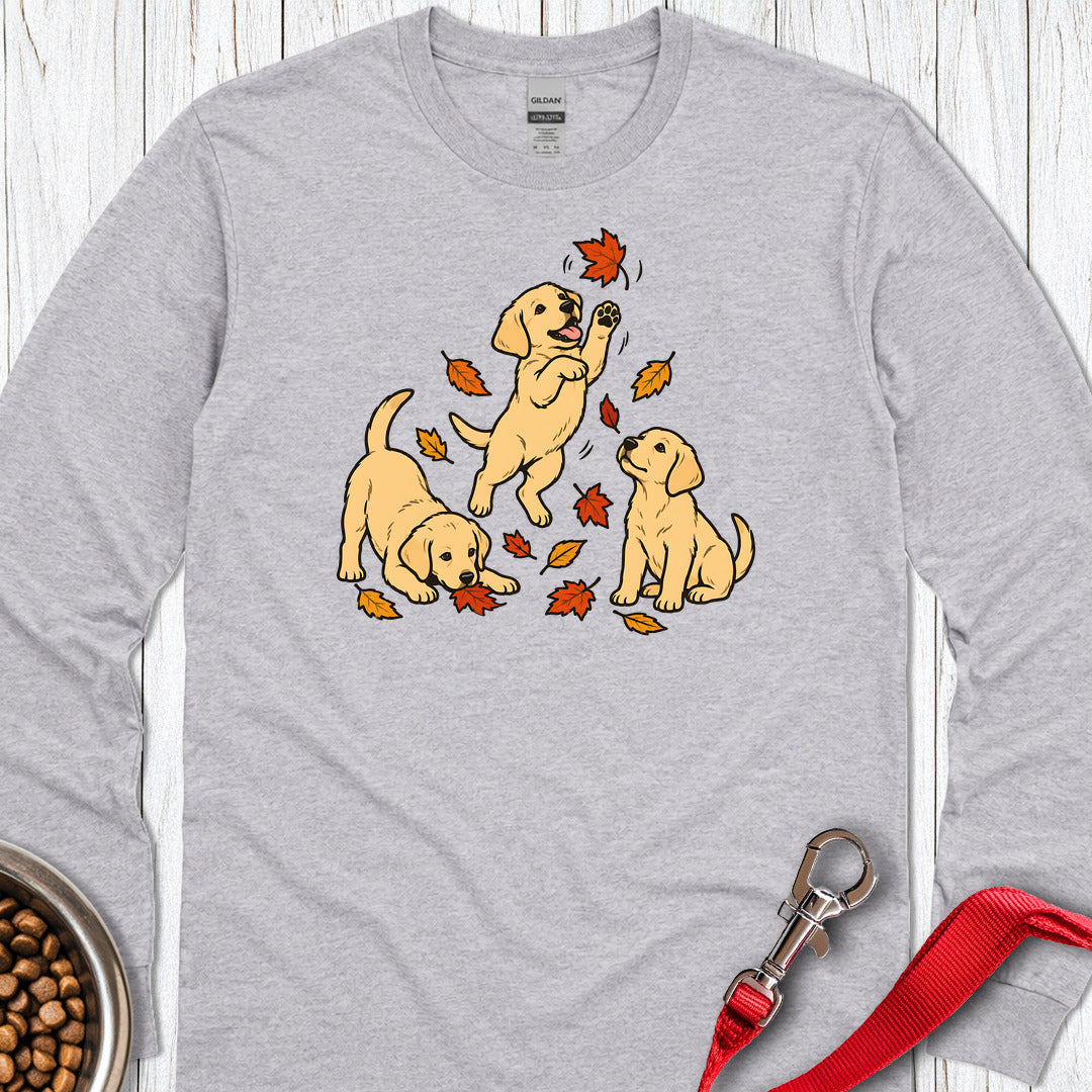 Yellow Labrador Puppies Fall Leaves Long Sleeve Sport Grey