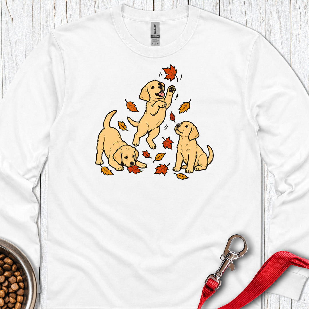 Yellow Labrador Puppies Fall Leaves Long Sleeve White