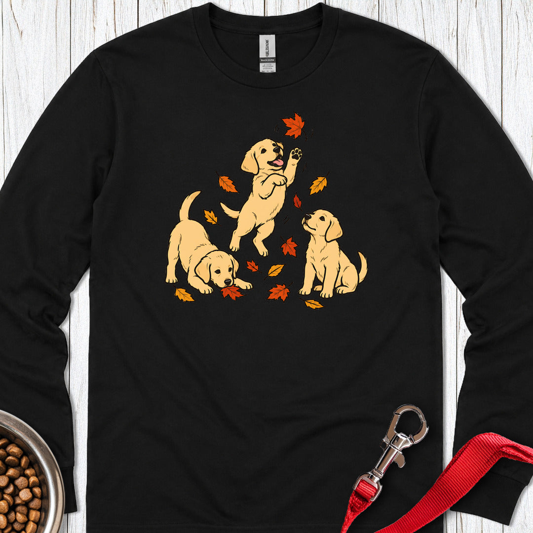 Yellow Labrador Puppies Fall Leaves Long Sleeve - Dark Black