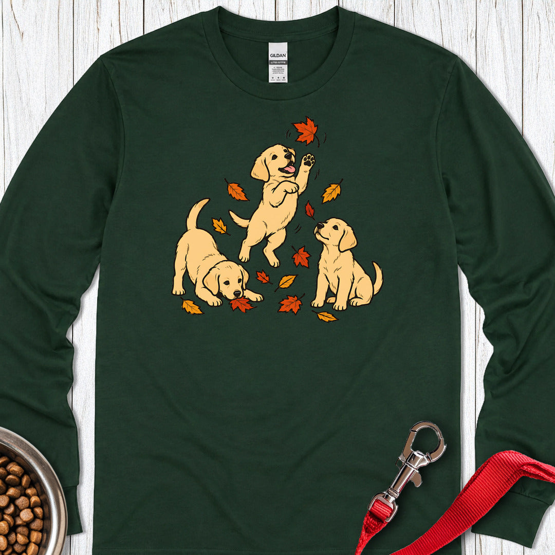 Yellow Labrador Puppies Fall Leaves Long Sleeve - Dark Forest Green