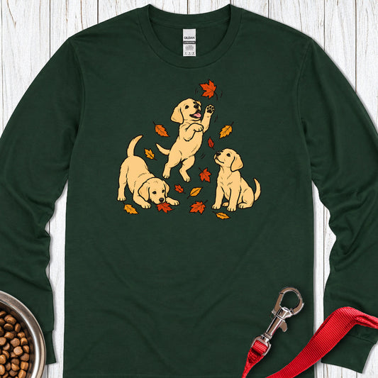 Yellow Labrador Puppies Fall Leaves Long Sleeve - Dark Forest Green