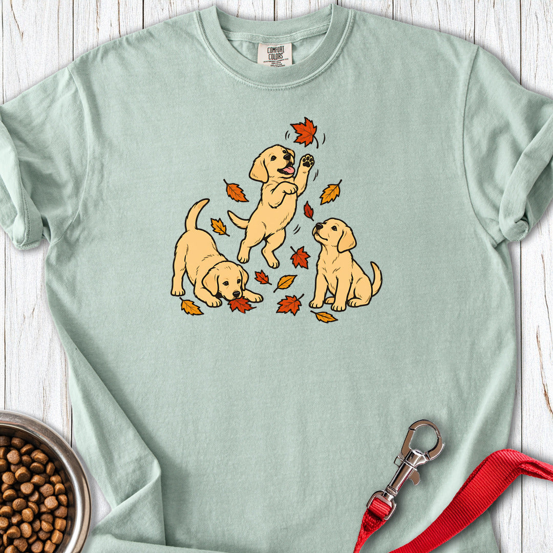 Yellow Labrador Puppies Fall Leaves Premium Tee — Bay