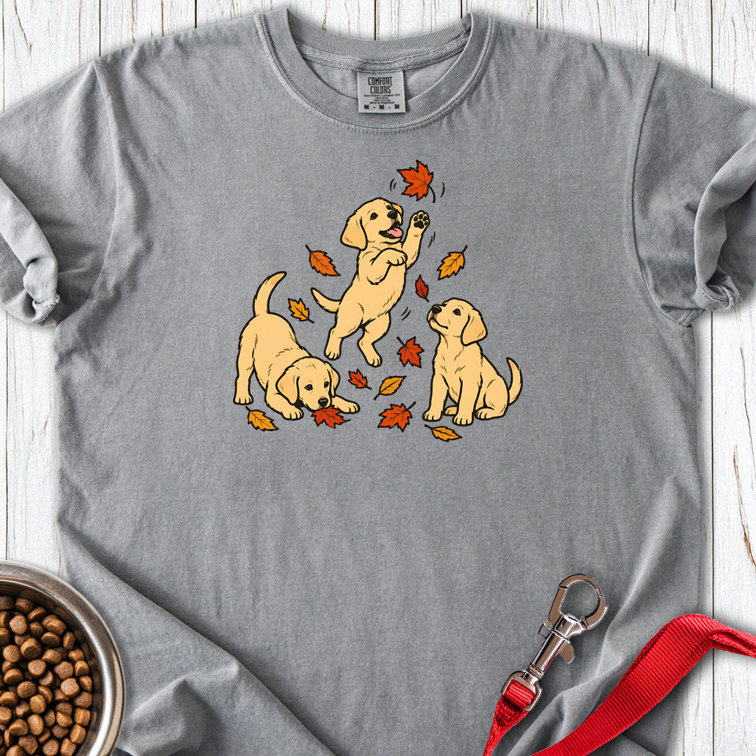 Yellow Labrador Puppies Fall Leaves Premium Tee — Grey