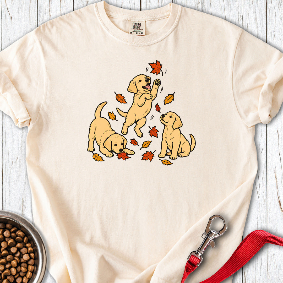 Yellow Labrador Puppies Fall Leaves Premium Tee — Ivory