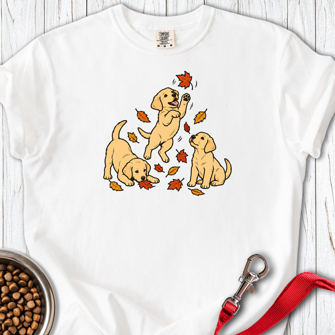 Yellow Labrador Puppies Fall Leaves Premium Tee — White