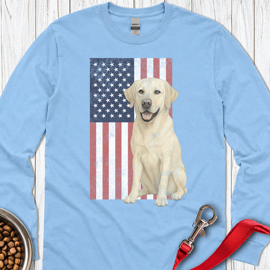 Yellow Labrador USA Flag Faded Long Sleeve — Carolina Blue
