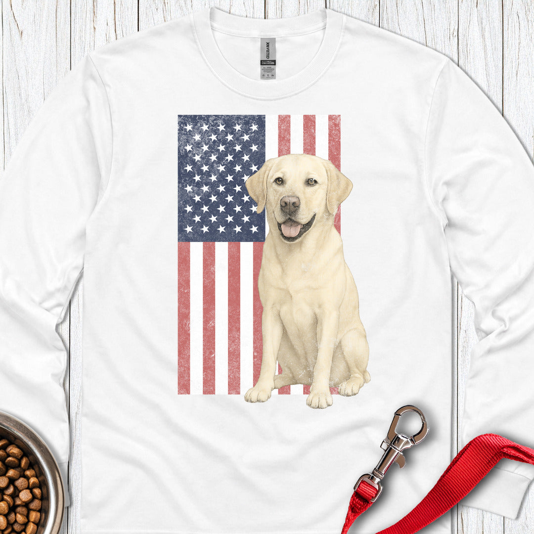 Yellow Labrador USA Flag Faded Long Sleeve — White