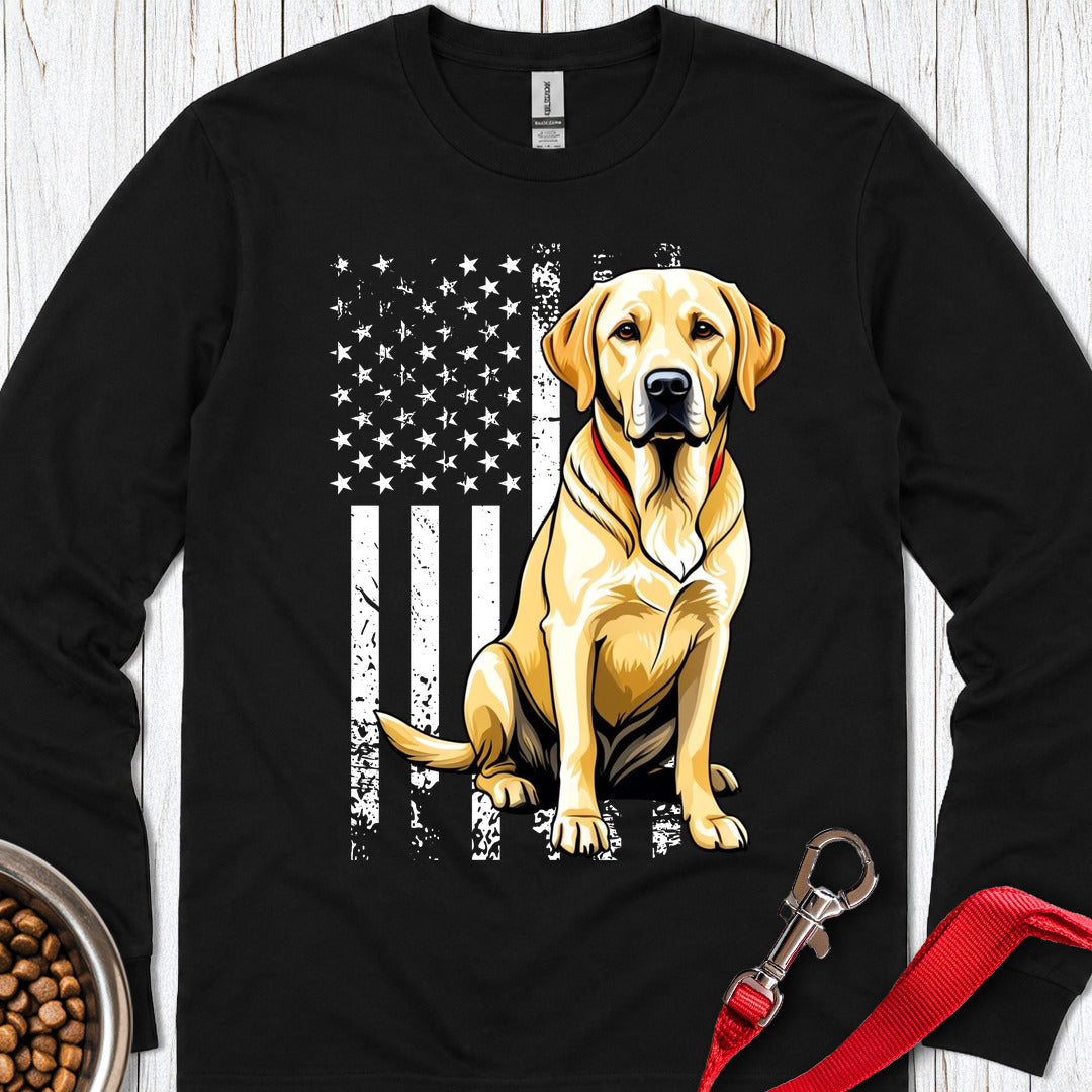 Yellow Labrador USA Flag Long Sleeve — Black