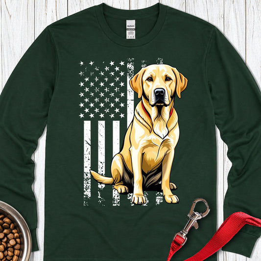 Yellow Labrador USA Flag Long Sleeve — Forest Green
